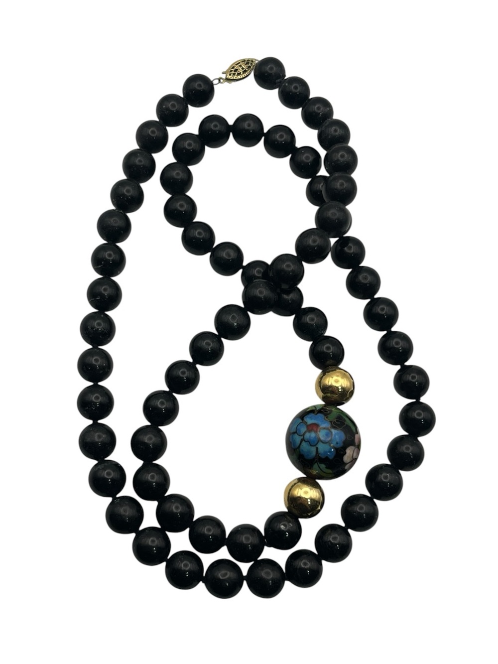 Gold filled Chinese cloisonné flower beaded black vintage necklace